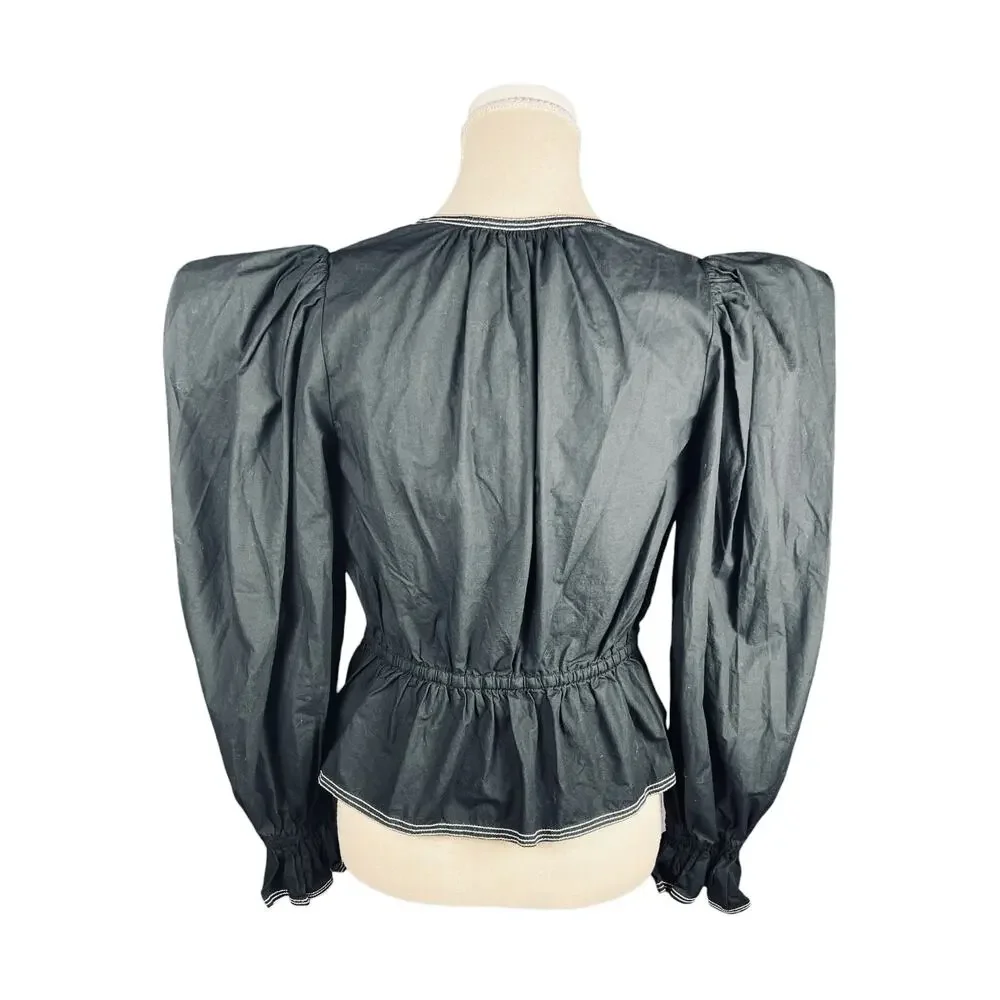 Ulla Johnson Sabina Noir Cotton Peplum Blouse Puff Sleeve V Neck Tie Front Top 2